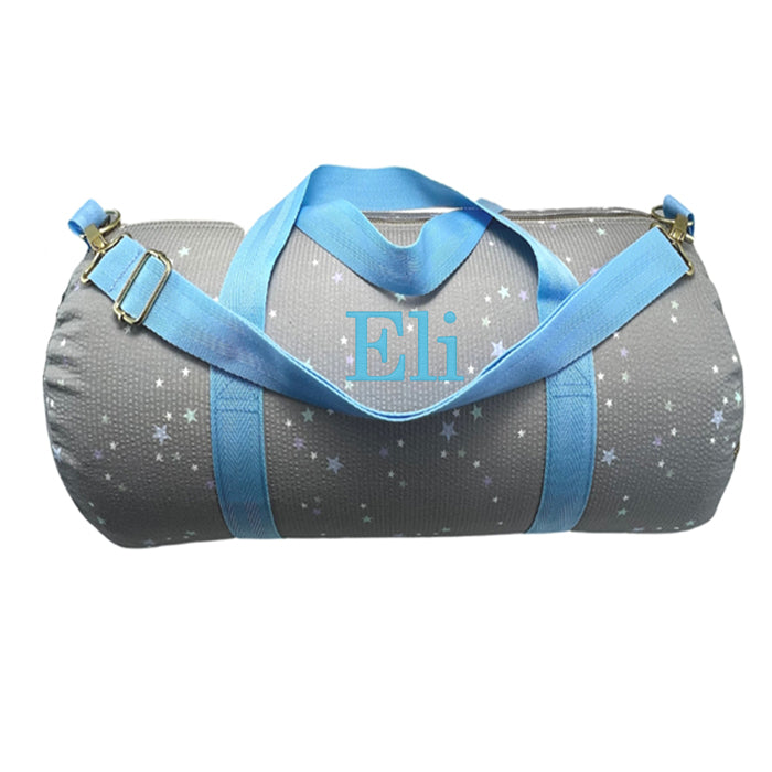 Personalized Weekender Duffel Bag by Mint Stars on Grey Seersucker Discontinued Discontinued