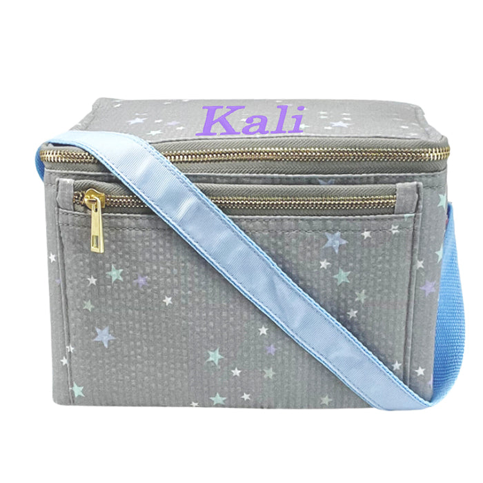 Personalized Lunch Box by Mint Stars on Grey Seersucker Backpacks and Lunch Boxes Mint