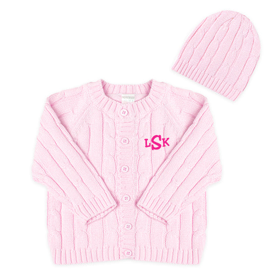 Cardigan Sweater & Hat Set - Pink Monogrammed Apparel Rose Textiles   