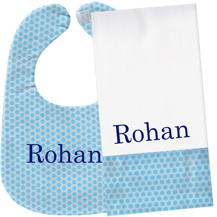 Personalized Bib/Burp Set Light Blue Honeycomb Bib & Burp Sets Moonbeam Baby