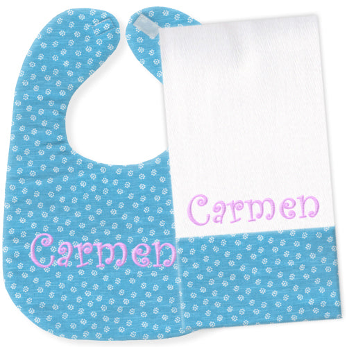 Personalized Bib/Burp Set Blue Rosies Discontinued Moonbeam Baby