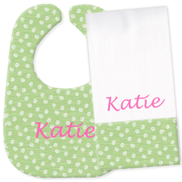 Personalized Bib/Burp Set  Green Rosies Discontinued Discontinued