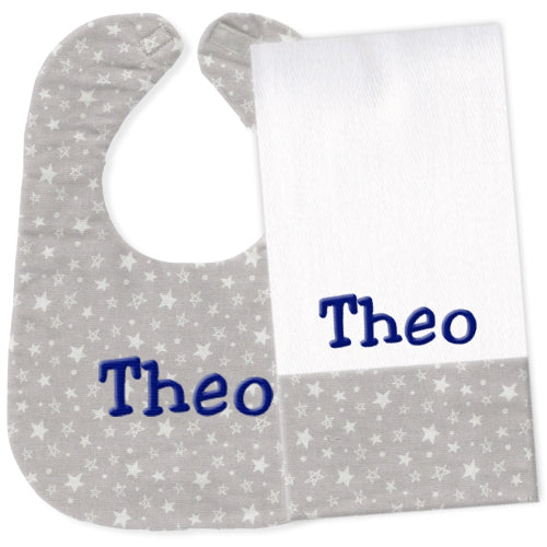 Personalized Bib/Burp Set Grey with Stars Bib & Burp Sets Moonbeam Baby