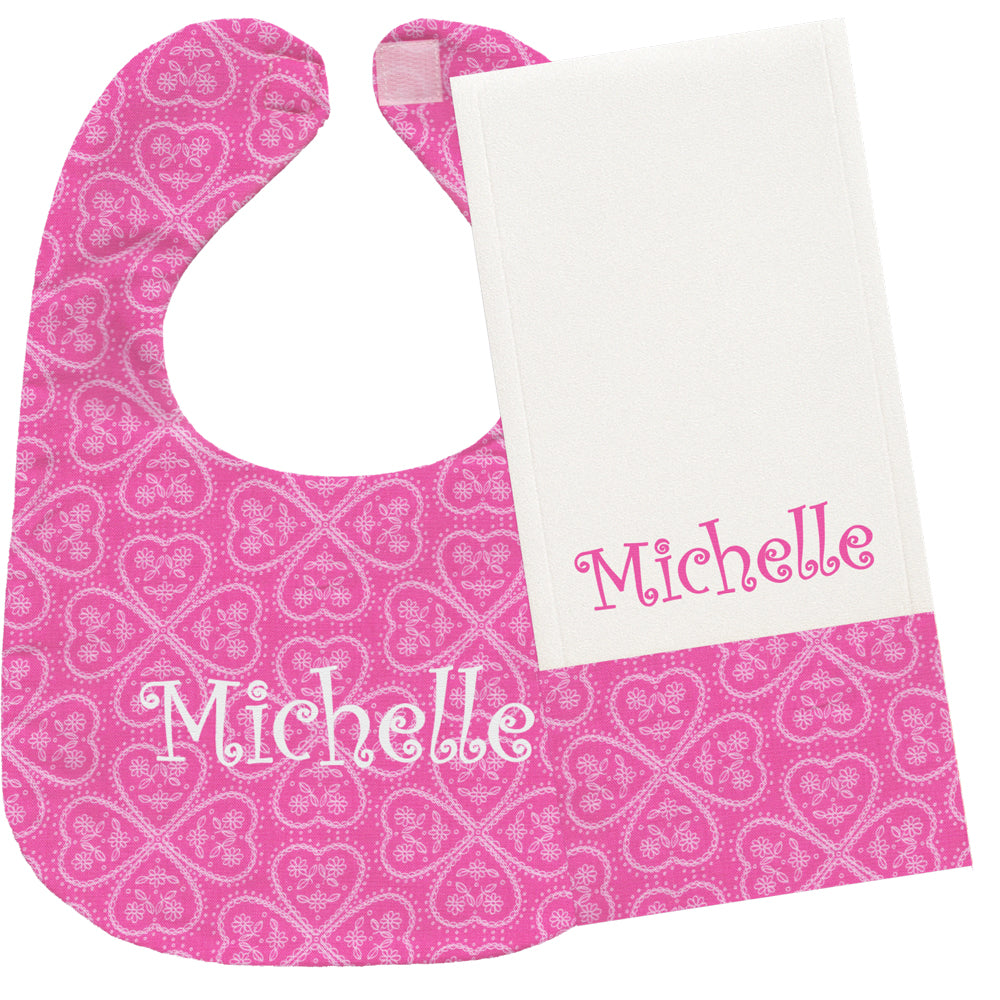 Personalized Bib/Burp Set Lacey Hearts