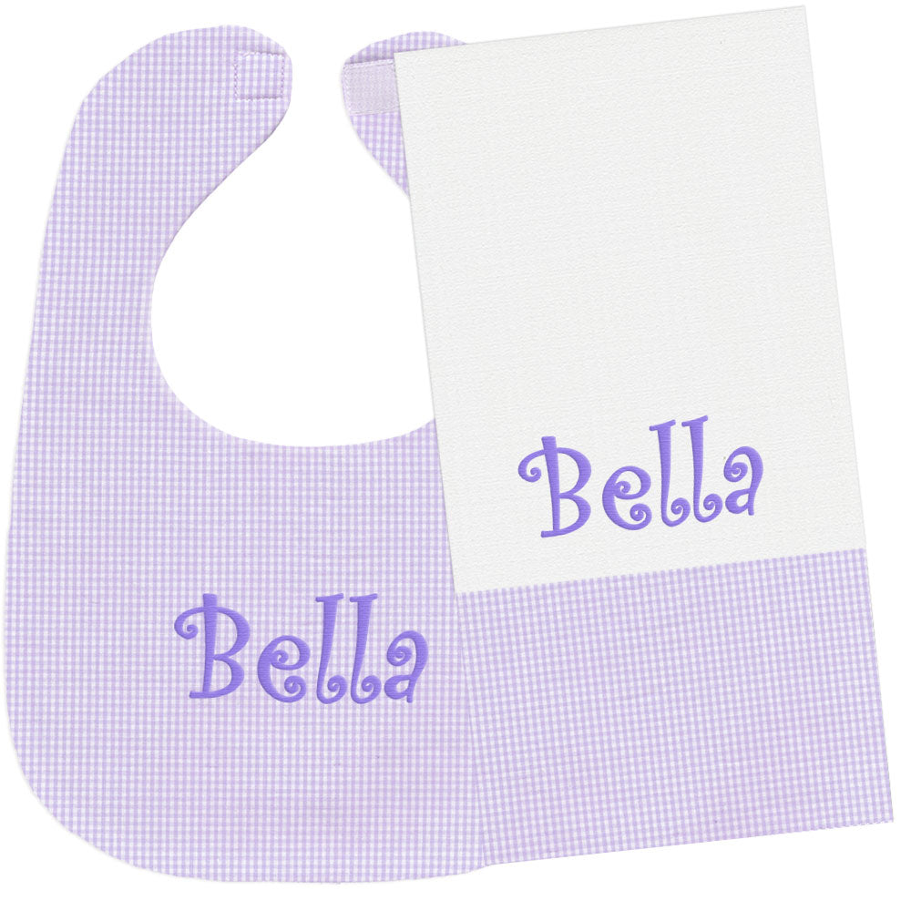 Personalized Bib/Burp Set Lavender Gingham Bib & Burp Sets Moonbeam Baby