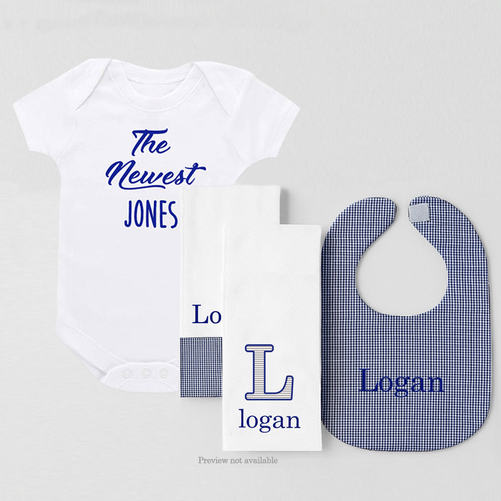 Personalized Gift Set Navy Gingham and Newest Onesie Bib & Burp Sets Moonbeam Baby