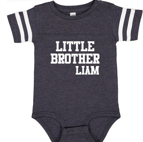 Little Brother Personalized Onesie Football Style in Vintage Navy Discontinued Discontinued