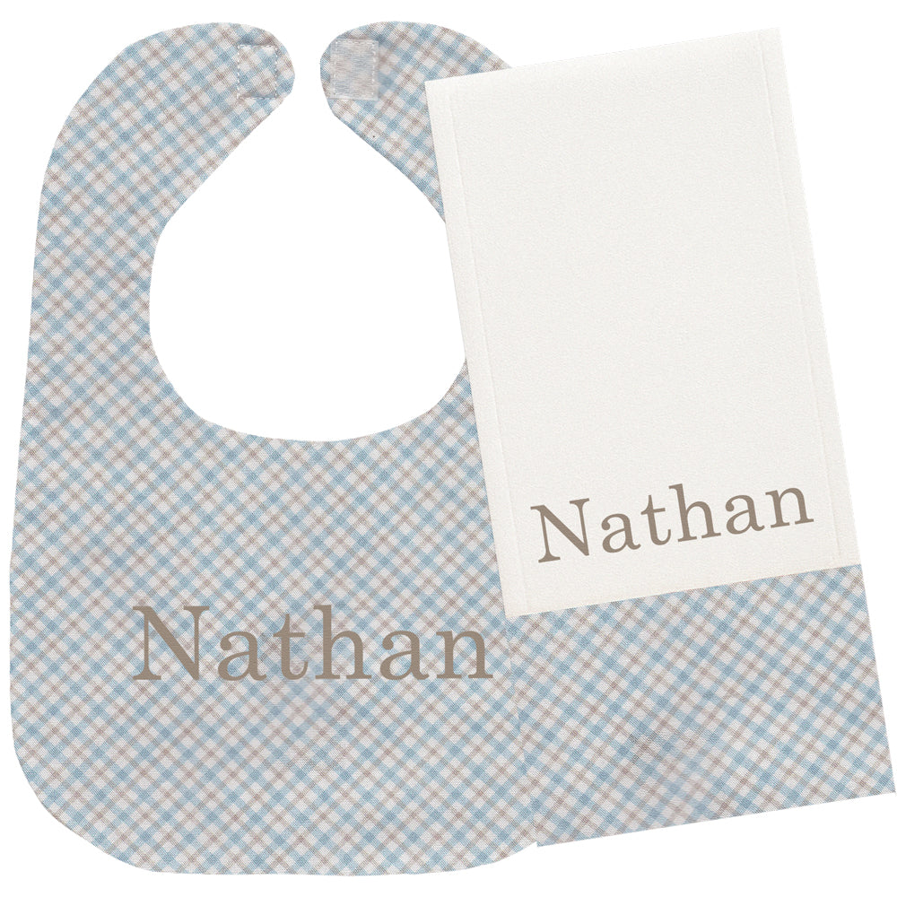 Personalized Bib/Burp Set Blue & Tan Plaid Bib & Burp Sets Moonbeam Baby
