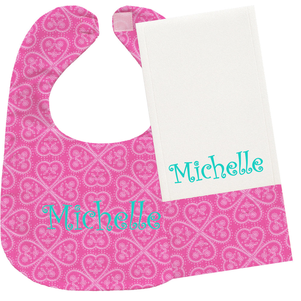 Personalized Bib/Burp Set Lacey Hearts Bib & Burp Sets Moonbeam Baby