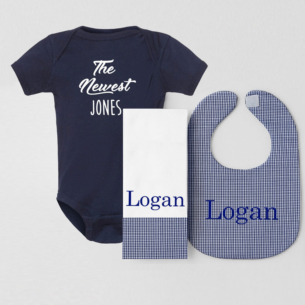 Personalized Gift Set Navy Gingham and Navy Onesie (#16) Bib & Burp Sets Heather