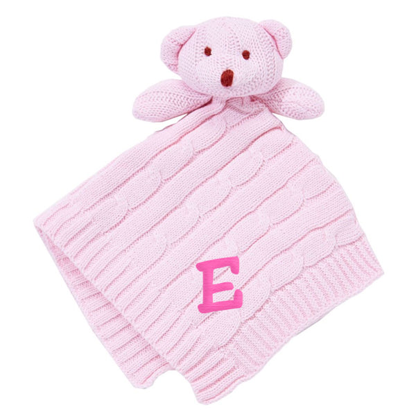 Personalized Blankie   Cable Knit Pink Bear Baby Blankets Rose Textiles   