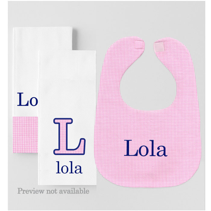 Personalized Burp Cloths Pink Gingham Navy Thread Gift Set of Three Bib & Burp Sets Moonbeam Baby