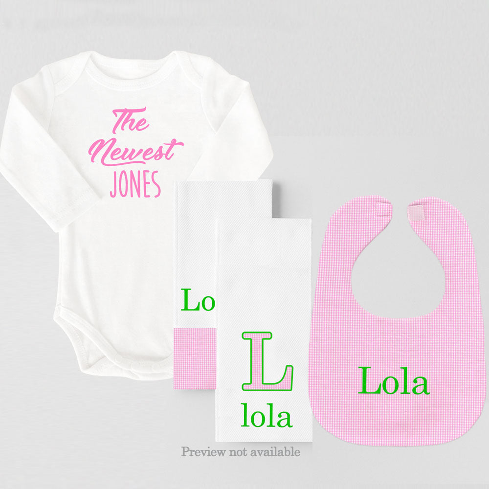 Personalized Gift Set Pink Gingham Green Thread and Newest LS Onesie (#15) Bib & Burp Sets Moonbeam Baby
