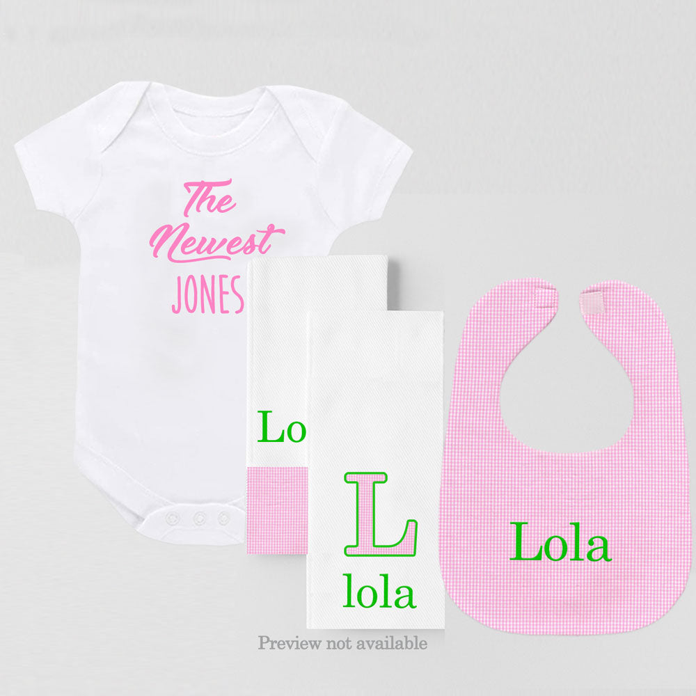 Personalized Gift Set Pink Gingham Green Thread and Newest Onesie (#13) Bib & Burp Sets Moonbeam Baby