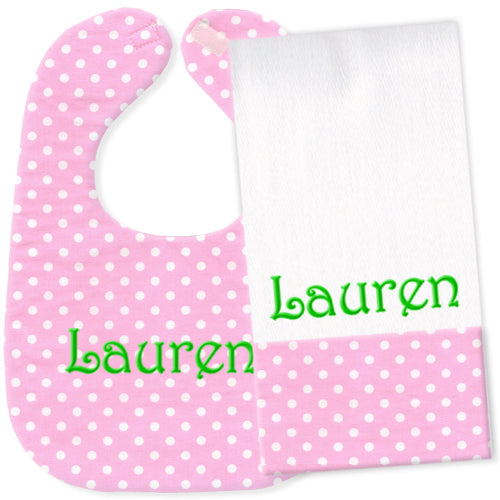 Personalized Bib/Burp Set  Light Pink White Dots Discontinued Moonbeam Baby