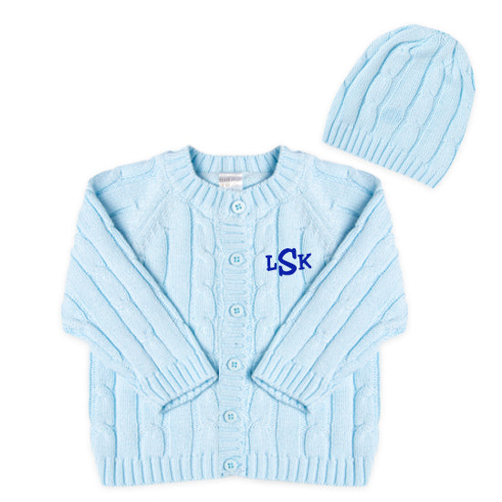 Cardigan Sweater & Hat Set - Light Blue Monogrammed Apparel Rose Textiles   