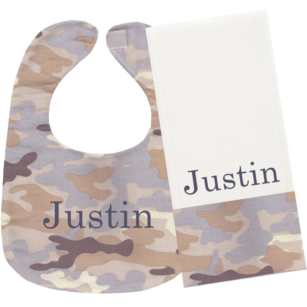 Personalized Bib/Burp Set Safari Camo Bib & Burp Sets Moonbeam Baby
