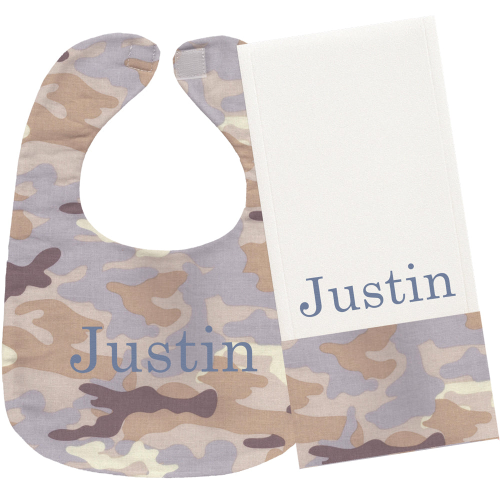Personalized Bib/Burp Set Safari Camo Bib & Burp Sets Moonbeam Baby