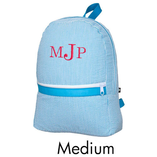 Personalized Backpack by Mint  Aqua Seersucker Discontinued Discontinued