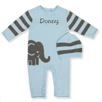 Personalized Romper & Hat Set  Elephant Blue Discontinued Rose Textiles