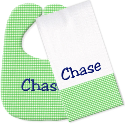 Monogrammed Bib/Burp Set  Green Gingham Bib & Burp Sets Moonbeam Baby