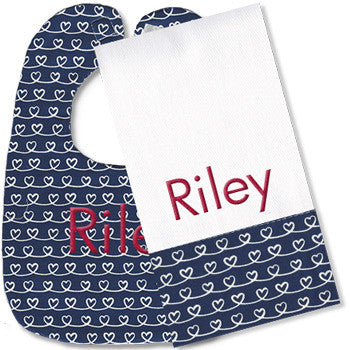 Personalized Bib/Burp Set  Navy Swirly Hearts Discontinued Moonbeam Baby