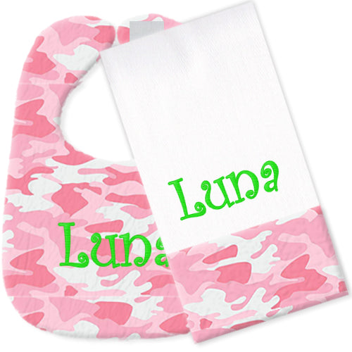 Personalized Bib/Burp Set Pink & White Camo Discontinued Moonbeam Baby