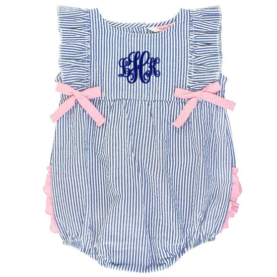 Personalized Girl's Ruffled Romper by Ruffle Butts Blue Seersucker Discontinued Discontinued