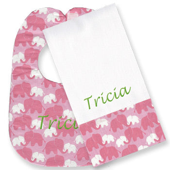 Personalized Bib/Burp Set  Pink Elephants Discontinued Moonbeam Baby