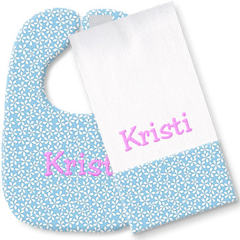 Personalized Bib/Burp Set   Blue Daisies Discontinued Moonbeam Baby
