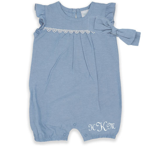 Personalized Girl's Romper Set Light Blue Chambray Monogrammed Apparel Rose Textiles