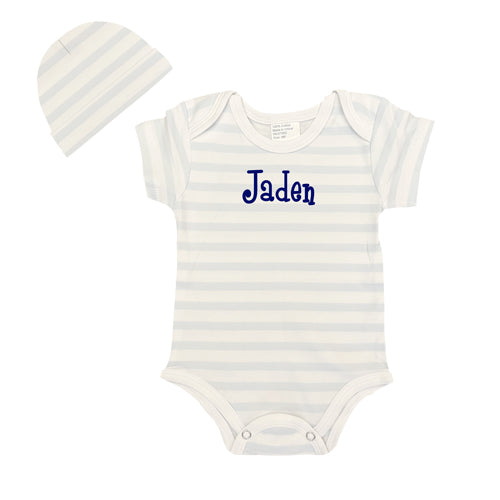 Personalized Onesie/Hat Set Light Blue and White Stripes Personalized Printed Tees Kristi