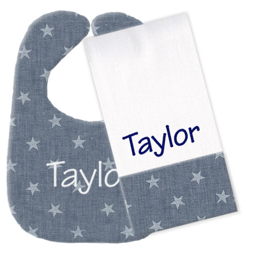 Personalized Bib/Burp Set Chambray Stars Bib & Burp Sets Moonbeam Baby