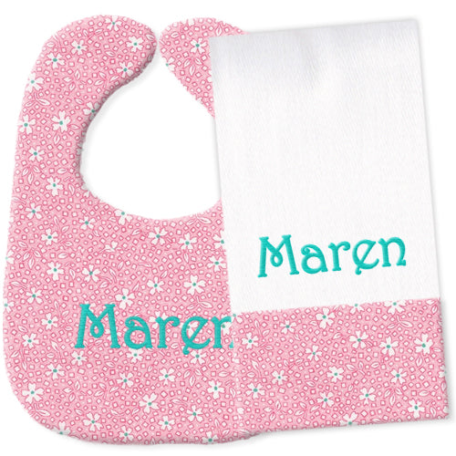 Personalized Bib/Burp Set  Daisies on Pink Discontinued Moonbeam Baby