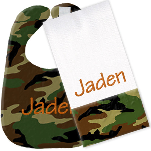 Personalized Bib/Burp Set  Green Camo Bib & Burp Sets Moonbeam Baby