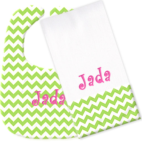 Personalized Bib/Burp Set  Lime Green Chevrons Bib & Burp Sets Moonbeam Baby