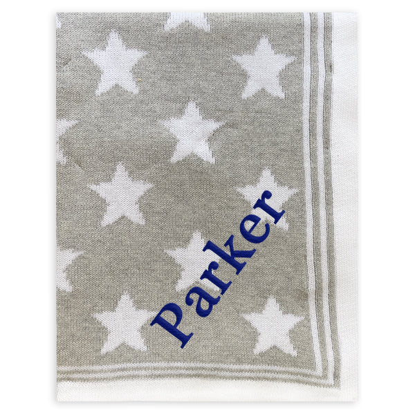 Personalized Baby Blanket Grey Knit with Stars Discontinued Rose Textiles