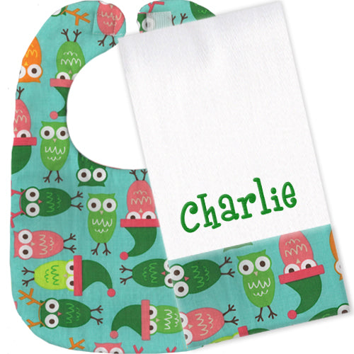 Holiday Owls Bib & Personalized Burp Set Discontinued Discontinued