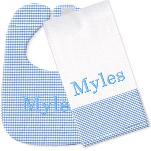 Personalized Bib/Burp Set  Light Blue Gingham Bib & Burp Sets Moonbeam Baby
