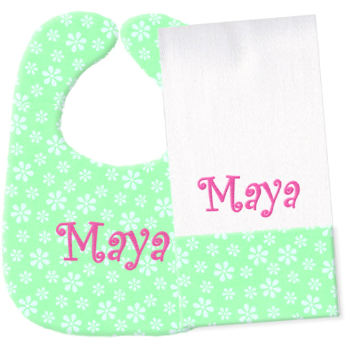 Monogrammed Bib/Burp Set Mint Daisy Discontinued Discontinued