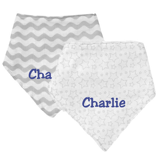 Personalized Muslin Bandana Bib Set - Grey Stars and Chevron Bibs Rose Textiles   