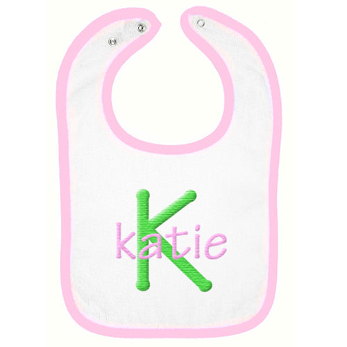 Embroidered Bib  Name & Initial  Green & Pink Bibs Moonbeam Baby