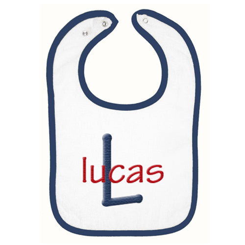 Embroidered Bib  Name & Initial  Navy & Red Discontinued Moonbeam Baby   