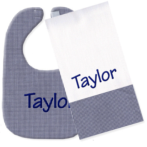 Personalized Bib/Burp Set Navy Blue Gingham Bib & Burp Sets Moonbeam Baby