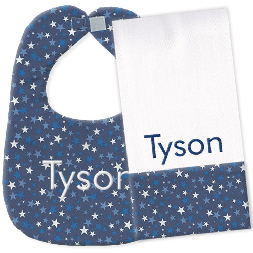 Personalized Bib/Burp Set Navy with Stars Discontinued Moonbeam Baby
