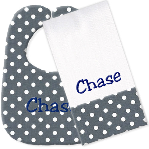 Personalized Bib/Burp Set - White Dots on Grey Discontinued Moonbeam Baby