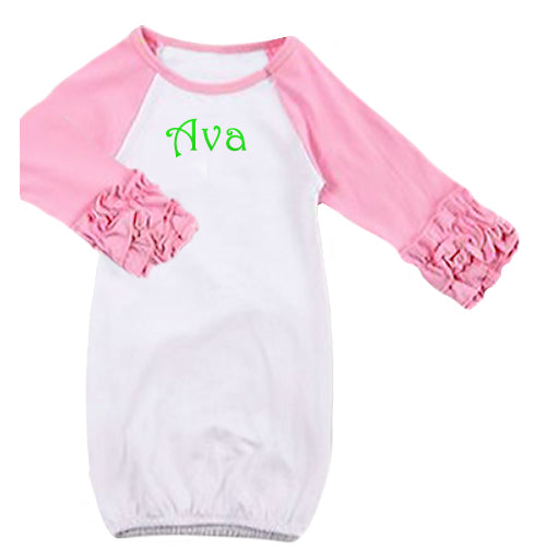 Personalized Girl's Ruffled Sleeves Baby Gown Pink & White Personalized Printed Tees Monag
