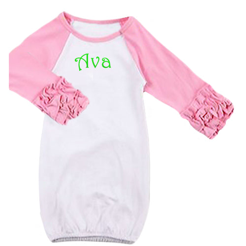 Personalized Ruffled Sleeves Baby Gown  Pink & White Monogrammed Apparel Monag   