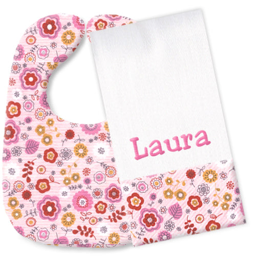 Personalized Bib/Burp Set  Pink Floral Discontinued Moonbeam Baby