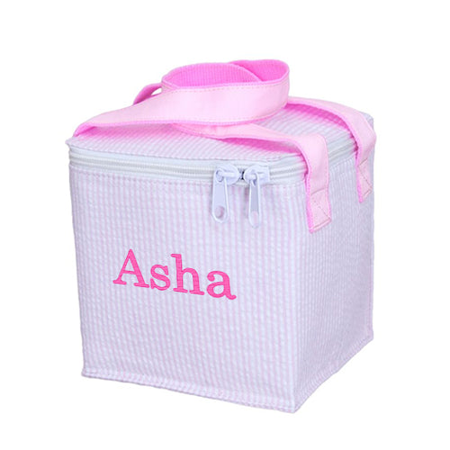 Snack Square  Pink Seersucker Backpacks and Lunch Boxes Mint